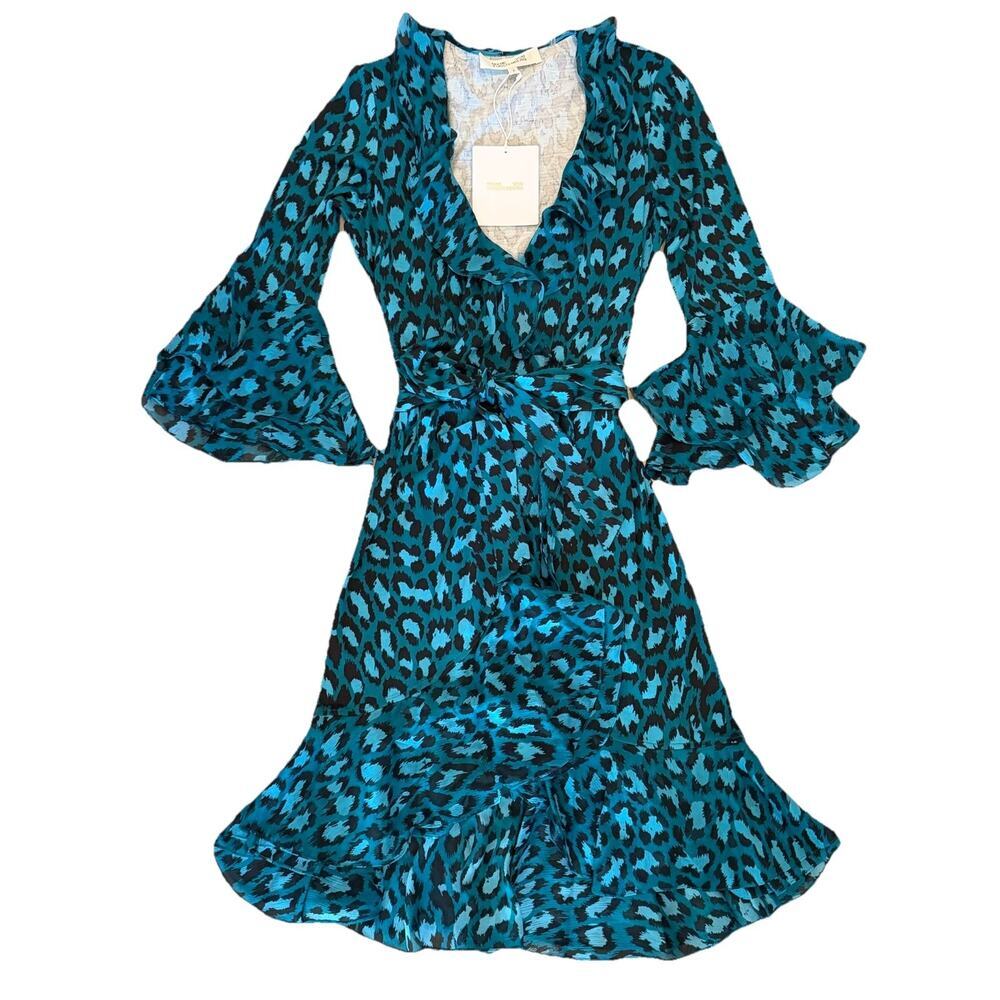 Diane Von Furstenberg DVF Carli Wrap Dress 2 Teal Leopard Silk Jersey NWT - Picture 2 of 12